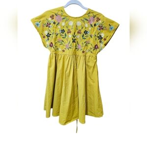 Women's Floral Embroidered Yellow Baby Doll‎ Dress Size Small